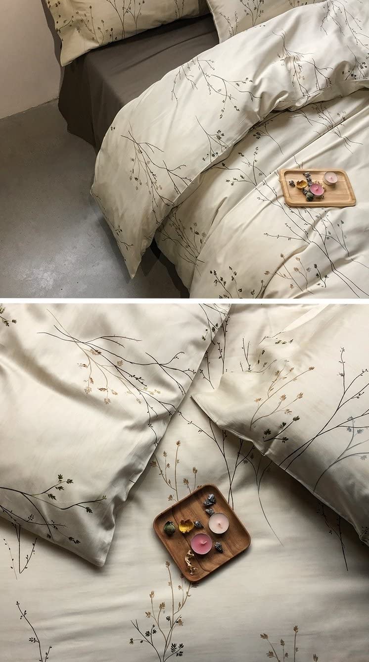 Eikei Modern Vintage Retro Mod Print Bedding Egyptian Cotton Duvet Cover Set Minimalist Chic Botanical Design Asian Zen Style Reversible Pattern in Full Queen or King Size (Queen, Neutral Tan) - Image 2